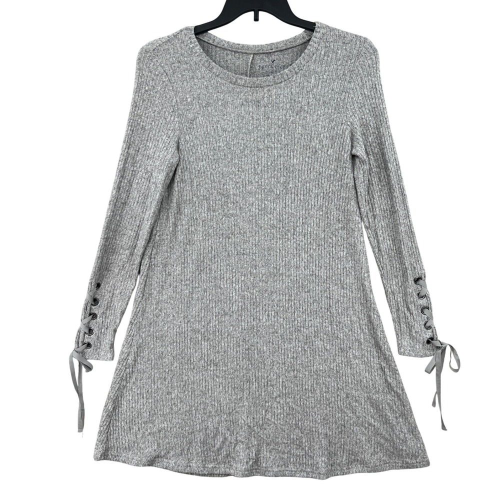 American Eagle Soft & Sexy Plush Tunic Dress Size L Gray Lace Up Ribbed Cozycore